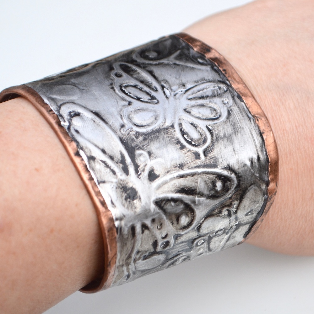 Butterfly Silver Pure Copper Wide Cuff Bracelet Handmade Embossed Rustic Boho - Picture 2 of 7